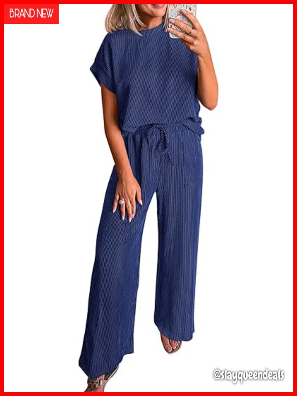 Ribbed Knit Lounge Set - 2 Piece Matching Top & Wide Leg Pants